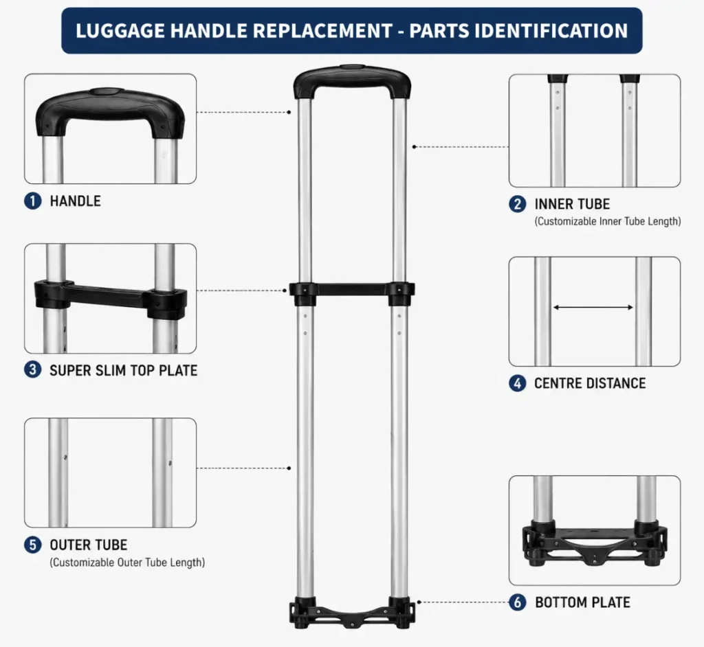 Luggage handle replacement—parts identification; parts of luggage component