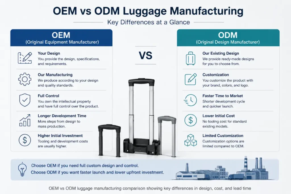 OEM vs ODM luggage manufacturing comparison showing key differences in design, cost, and lead time